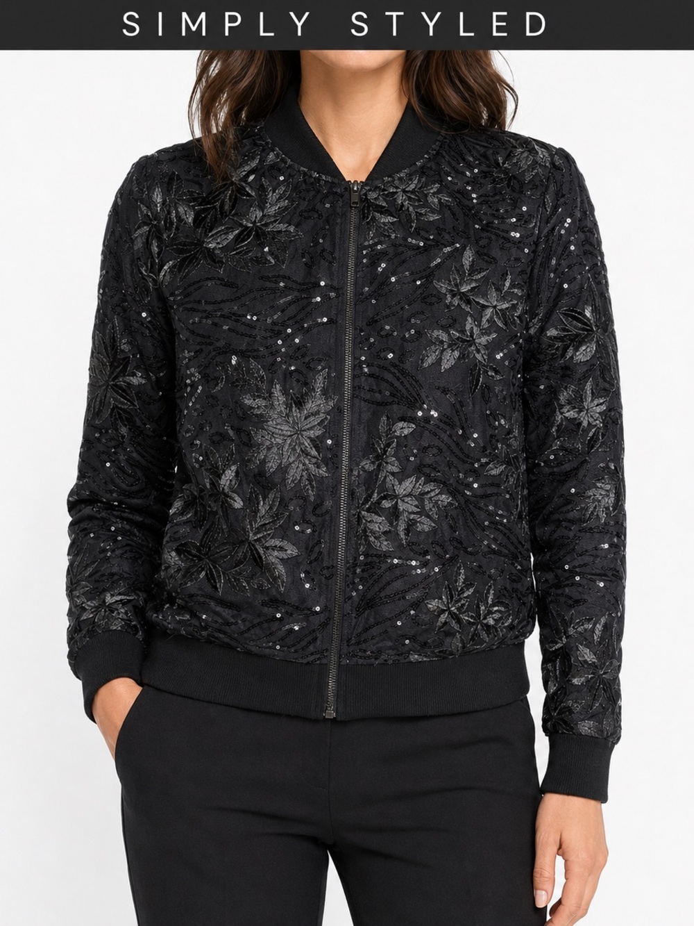 Simply Styled Black Mesh Sequin Embroidered Bomber Jacket Small Holiday